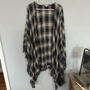 Kori America Blue Plaid Shawl Wrap Kimono Poncho Size Large w/ Arm Holes Fringe